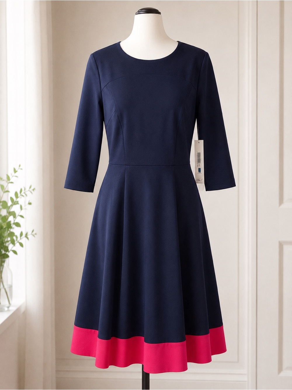 Eliza J Navy Pink Fit & Flare Dress Size 16 NWT Knee Length 3/4 Sleeve